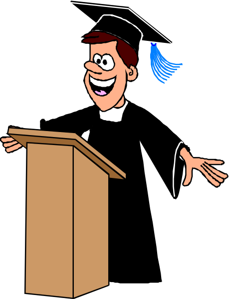 The cartoon depicts a man standing at a podium with his arms outstretched as if gesturing to an audience while wearing graduation regalia; he is smiling broadly.