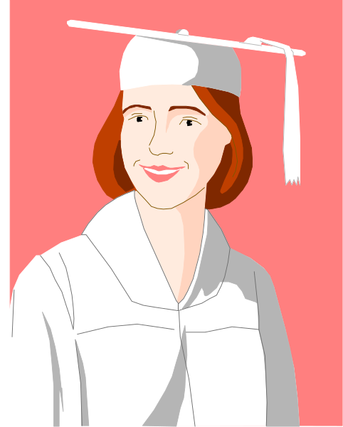 The illustration shows a woman wearing graduation attire with her cap on top of her head; she is smiling at something off-frame to the left side of the image.