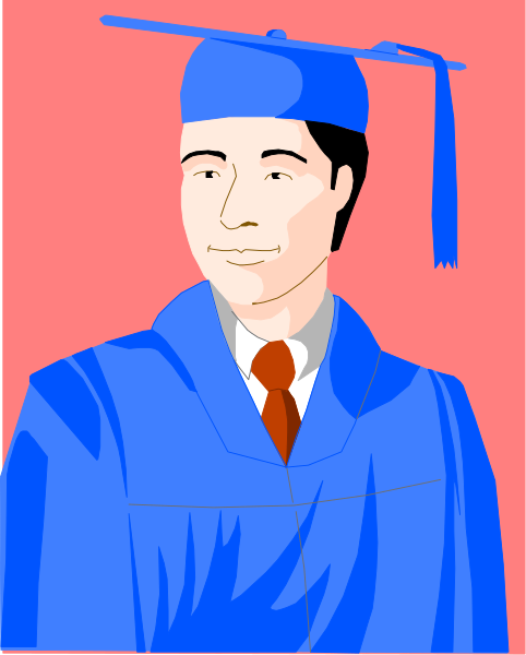 The image shows a cartoon of an adult male graduate wearing academic regalia with his cap on top of his head; he is depicted in profile facing to the right against a plain background.