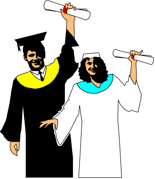 The image shows two graduates celebrating their achievement with diplomas; a man on left is holding his diploma up high while smiling broadly at camera, wearing cap & gown, and another person in similar attire stands beside him also displaying her diploma proudly.