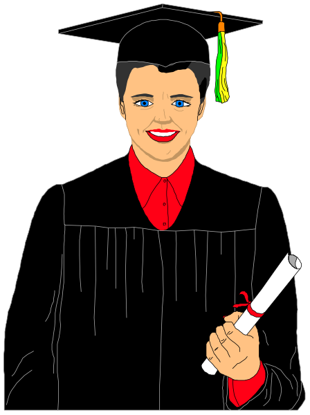 The image shows a cartoon of an individual wearing graduation attire with a mortarboard hat holding what appears to be a diploma in one hand while smiling at something off-frame; there is no text present within this clipart illustration, and it does not depict any actions or settings.