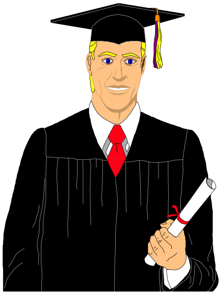 The image shows a black and white illustration of an adult male graduating from college with his diploma held up in one hand while wearing academic regalia including cap and gown; he is smiling broadly, looking directly at viewer.
