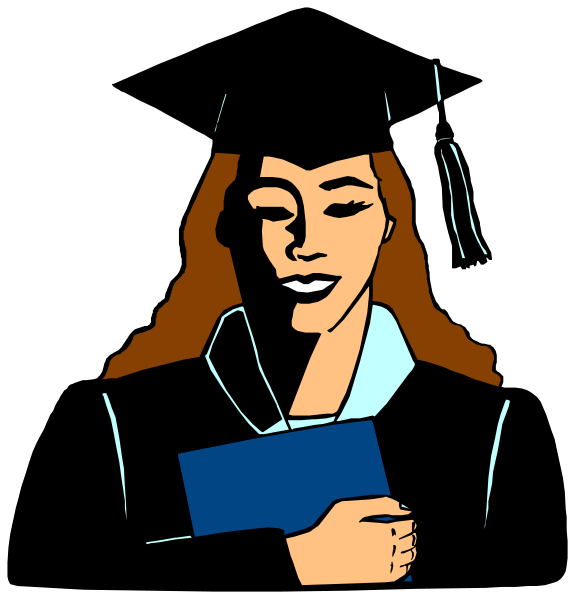 The image shows a cartoon of an adult woman wearing graduation attire with her hand on her chest; she is holding what appears to be a diploma in one hand while looking down at it.