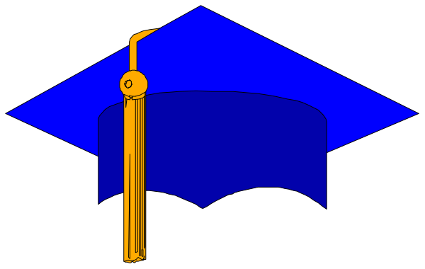 The image shows a graduation cap with an open book on top of it next to a mortarboard hat that has a candle in its center placed inside what appears to be a blue container resembling a diploma, all set against a dark background.