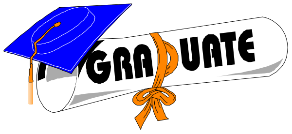 The image shows a graduation cap with an open book on top of it next to text that reads "Graduate" in stylized fonts; there is also a diploma scroll below this phrase, and atop the roller sits a mortarboard hat tied together by orange ribbons.
