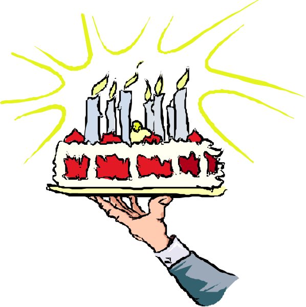 The image shows a birthday cake with candles on it being held by someone's hand against a black background; there is also an explosion effect in yellow around the top of the cake.