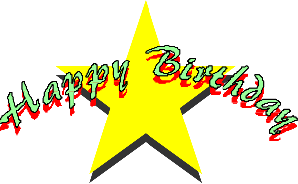 The image shows a birthday greeting with text that says "Happy Birthday" on top of an asterisk graphic in red coloring against a black background.