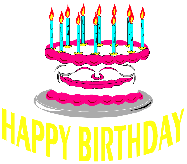 The image shows a birthday cake with candles on it that says "Happy Birthday" next to an illustration of someone's face making a funny expression.