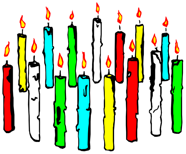 The image shows a collection of lit candles arranged to resemble an advent wreath with seven colored tapers on each side in front of it; there is no text present within this small clip-art picture.