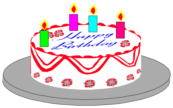 The image shows a birthday cake with candles on it placed next to another identical cake without any decorations; both cakes have "Happy Birthday" written in blue icing atop them. There is no text other than this message, and there's an additional smaller detail of red ribbon around the bottom edge of each cake. The background appears dark with a hint of light on one side where it seems to be coming from above or below; however, nothing else can be discerned in that area due to its minimalistic nature.