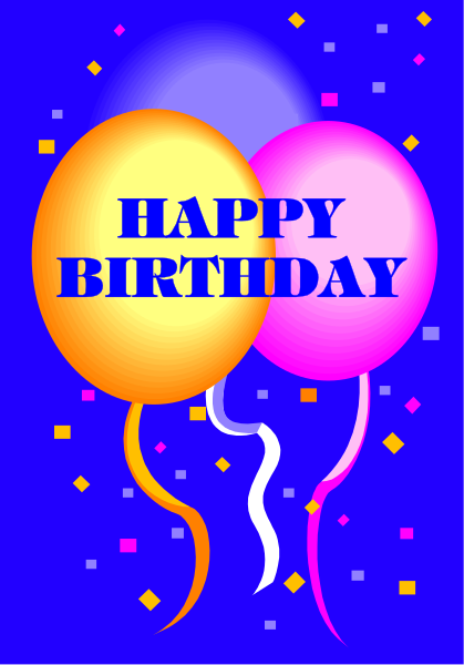 The picture shows a birthday card with two balloons on top of it that say "Happy Birthday" along with confetti in blue background.