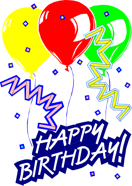 The image shows a colorful birthday card with balloons tied to it that says "Happy Birthday!"