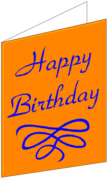 The image shows a birthday card with "Happy Birthday" written on it along with an orange background featuring blue text that says 'Birthday' in cursive script above the word 'birthday'.