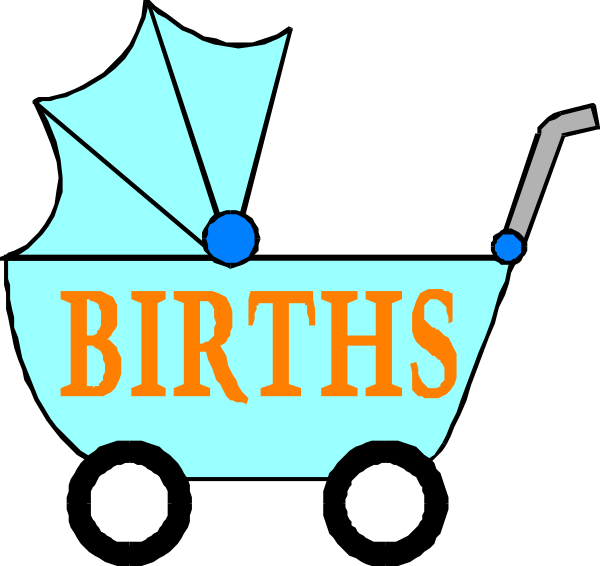 The image shows a cartoon depiction of two baby carriages with text that reads "BIRTHS" on them against a black background.