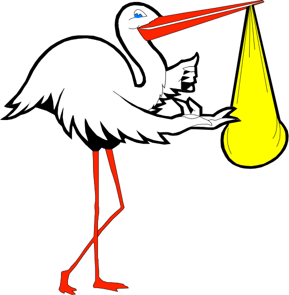 The image shows a stork holding an egg with its beak while standing on what appears to be a black background.