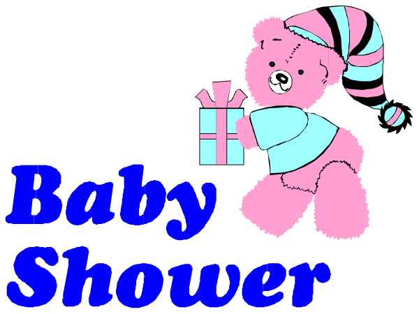 The image features a cartoon teddy bear holding presents with its paws while standing on top of what appears to be an umbrella-like object; above it is text that reads "BABY SHOWER" in bold, capital letters and below this phrase are the words "GIFTS & GEMS." The background color behind these texts is black.