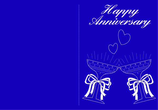 The image shows a blue background with two white text boxes containing "Happy Anniversary" at top left corner and an illustration of wedding rings below it on right side.