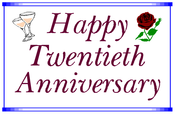 The image shows a banner with text that reads "Happy Twentieth Anniversary" along with an illustration of two roses on either side at top corners.