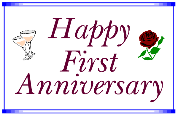 The image shows a digital greeting card with text that reads "Happy 1st Anniversary" at top left corner in white font on blue background; below it is an illustration of two roses, one red and one pink, flanking a martini glass filled with liquid to the right. In front of these items are three lines: above them, there's text that says "Happy 1st Anniversary" in white font on blue background; below it is an illustration of two roses, one red and one pink, flanking a martini
