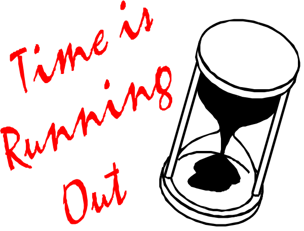 The image shows a black and white cartoon of an alarm clock with text that reads "Time is runnin' out" above it.