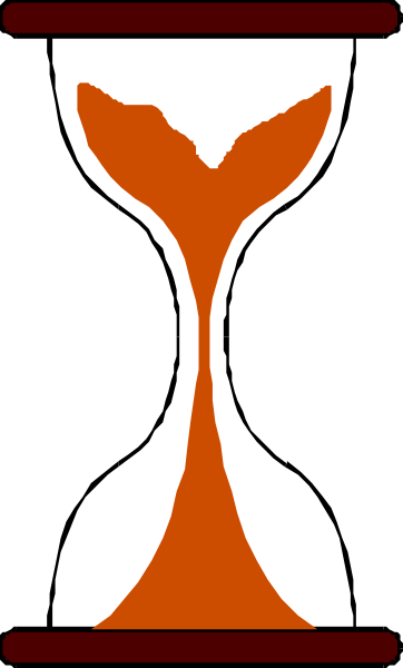 The image shows a stylized graphic of an hourglass with two distinct halves: on top is white sand against black background; below it is red sand inside orange glass walls within a darker frame that has vertical lines and what appears to be a fish design at its center, all set in the lower right corner.