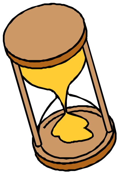The illustration shows a simple hourglass with sand inside it on an unseen surface against a black background.