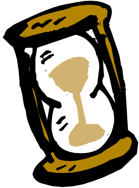 The image shows a black and white illustration of an hourglass with sand inside it next to what appears to be a wine glass filled halfway up on its side.
