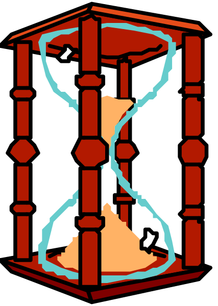 The image shows a red clock with blue hands inside an enclosure that resembles a cage made of metal bars; there is no visible text in this clip-art illustration.