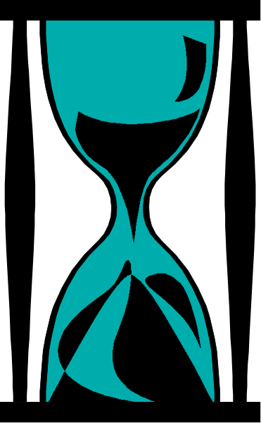The image shows a black silhouette of an hourglass with blue highlights on its sand within a white border against a gray background.