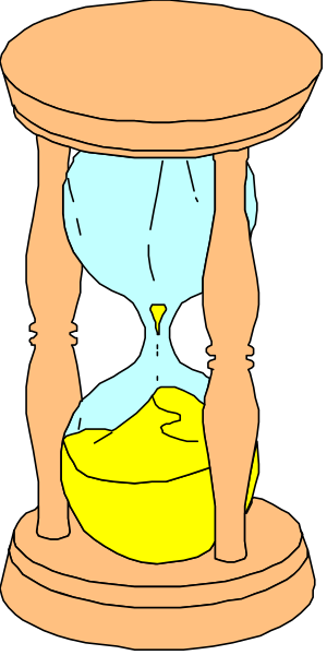 The image shows a cartoon of an hourglass with sand inside it on top of what appears to be a tabletop surface; there is no visible text in this clip-art illustration.