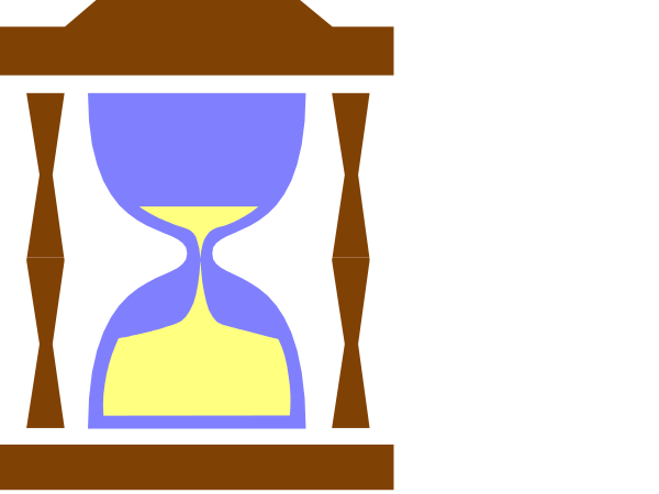 The image shows a simple cartoon of an hourglass with sand inside it placed on top of what appears to be a table next to two clocks indicating different times: one showing 12 o'clock, and another at about half past three in the afternoon or early evening. There is no text present within this small clip-art image. The style suggests that it might have been created using basic shapes with minimal detailing for decorative purposes rather than realistic representation of objects. It does not depict any people, animals, actions, nor a specific setting beyond what has already been described above