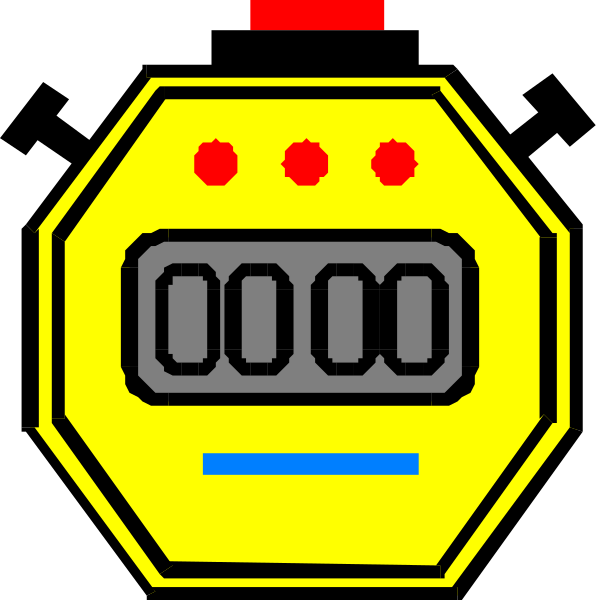 The image shows a pixelated representation of an electronic device with buttons labeled 0 through 9 on its top row, set against a black background. There is also what appears to be a red button at the bottom right corner and two blue lines running horizontally across it near this area. In addition, there's a small icon resembling a person or figure in white with an eye-like shape above their head on the left side of the device.