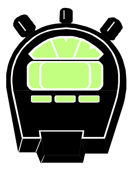 The image shows a black and white illustration of an abstract train with green accents on its front car.