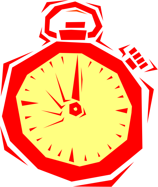 The image shows a stylized clock with an alarm bell inside it against a red background.