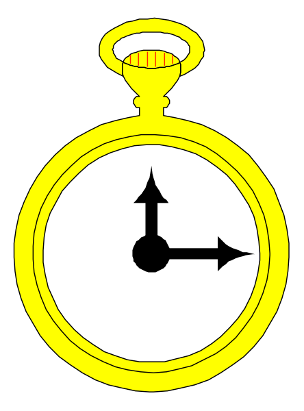 The image shows a black and white illustration of an analog clock with gold hands indicating it's 12:05 pm on its face; there is no background detail provided in this clip-art representation, focusing solely on the timepiece itself. There are no other objects or actions depicted within the frame.