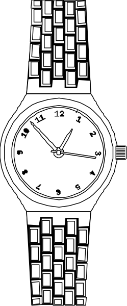 The black and white illustration shows a wristwatch with Roman numerals on its face placed between two chains of links that resemble bracelets; it is set against an untextured background.