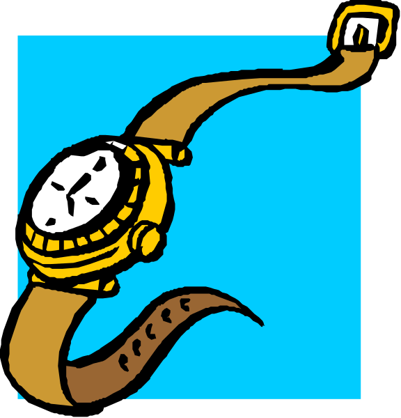 The image shows two clocks with a watchband that has been stretched out to resemble an arm swinging it like a pendulum between them; one clock is on top of another in each frame.