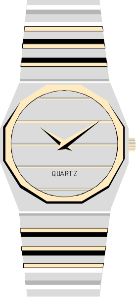 The image shows a wristwatch with an analog face featuring Roman numerals for hours on its beige background; it is set against a gray backdrop that has stripes resembling those of a barcode, and there's text at the bottom left corner reading "QUARTZ."