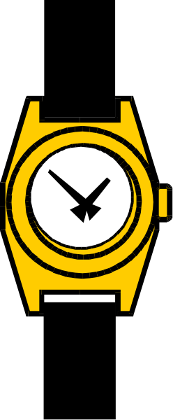 The image shows a wristwatch with an analog face featuring black numbers against white background inside two yellow circles on either side of its center; it is set to 12:05 pm as indicated by both hands, and there's no text present in this clip-art style illustration. There are also three small squares at the bottom corners with a darker shade than the rest of the image. The background appears plain without any additional context or setting provided within the frame.