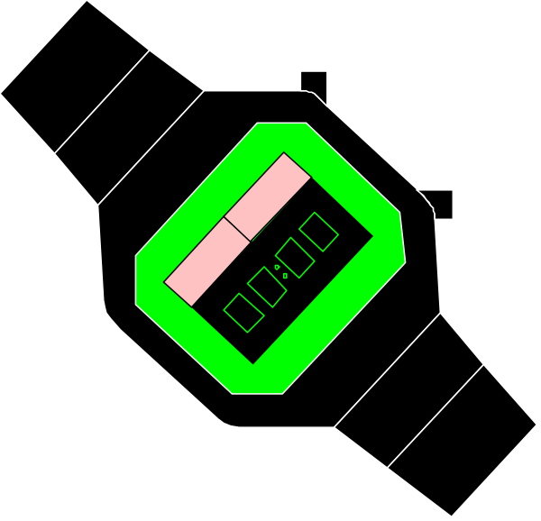 The image shows a black and white illustration of an analog wristwatch with green numbers on its face set against a dark background.