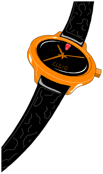 The image shows a wristwatch with an orange face on top of another watch band that has black designs; it is placed against a dark background.