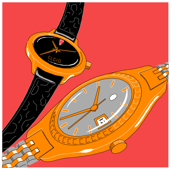 The image shows two watches: a black leather watch with white face on top of another orange wristwatch that has an analog display showing 10 minutes past ten o'clock. Both watches have matching bracelets, and there is no text present in this clip-art style illustration. There are also some abstract shapes resembling hands or fingers at the bottom left corner which could be interpreted as a person holding one of these items but not clearly defined enough to determine their nature accurately.