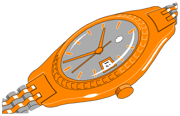 The image shows a wristwatch with an orange strap on top of what appears to be another watch face that is partially obscured by it; there's no text present in this clip-art illustration, and both watches have black hands indicating time.