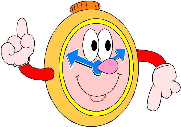 The image shows a cartoon of an anthropomorphic clock with arms outstretched pointing upwards towards its face where there is blue text reading "10 seconds."