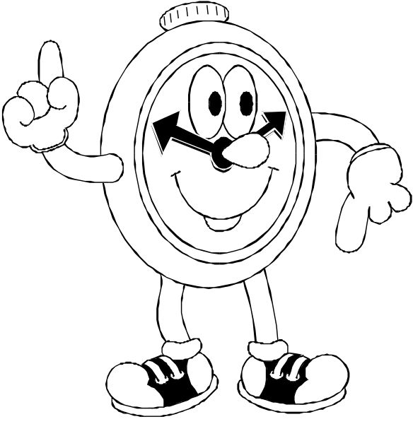 The image shows a black and white cartoon of an anthropomorphic clock character with arms outstretched as if gesturing to someone off-camera.