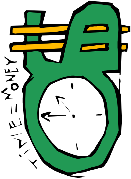 The image shows a black and white cartoon of an alarm clock with two hands indicating it's 12:05 pm. There is also a green object resembling a leaf on top left corner, but its purpose isn't clear from this description alone. No other objects or actions are discernible in the image provided. The setting appears to be indoors and nondescript due to lack of contextual information within the clip-art style drawing.