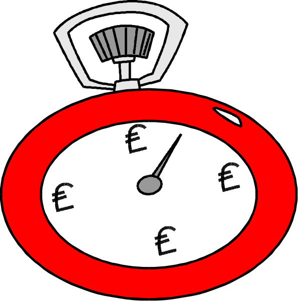 The image shows two clocks with a stopwatch between them; on the left clock is an illustration of money bags behind it while the right one has currency symbols in front.