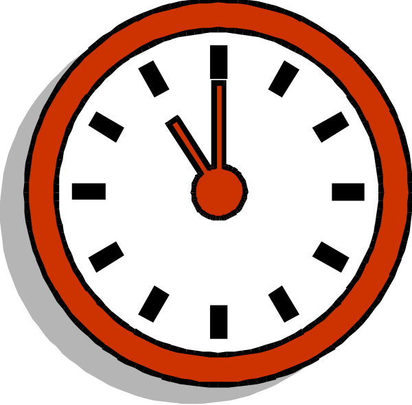 The image shows a digital clock with red numbers indicating it's 12:05 pm on an analogue background that resembles a stop sign due to its octagonal shape and bold lines around the edges, giving no additional context about setting or objects present in this clip-art style. There are two clocks; one is larger at top with red numbers indicating time as 12:05 pm (noon) while another smaller clock below it shows a different angle of same design but without any indication of its current reading, suggesting the image may be used for various purposes such