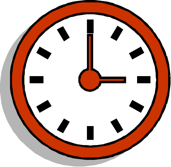 The image shows a digital clock with red numbers on its face displaying 12:05 pm (noon), set against an unidentified background that is out of focus in this description. There's also another smaller, less detailed analogue-style clock at the bottom right corner indicating it reads "6 oclock" or midnight. The image has a cartoonish style and uses simple shapes for its elements.