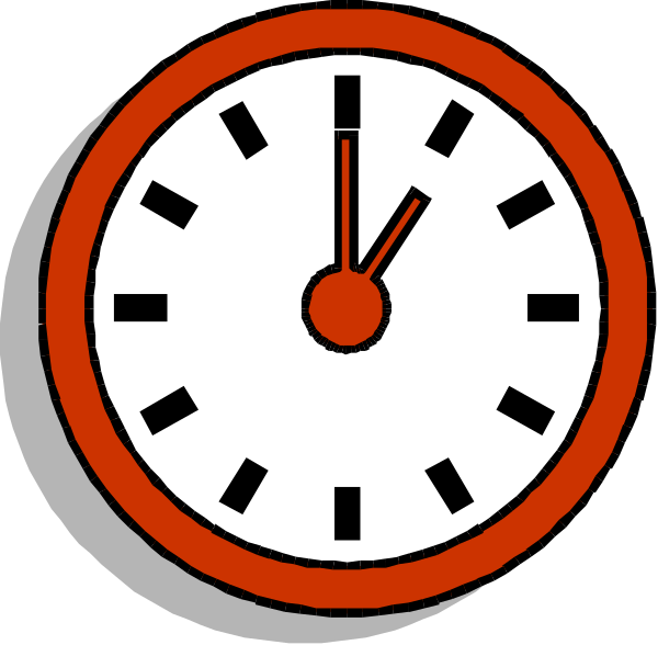 The image shows a digital clock with red numbers indicating it's 12:05 pm on an analog background that resembles a stop sign shape. There is no text present in this clip-art illustration, and there appears to be only one object which is the clock itself. It has two hands - hour hand pointing at twelve o'clock position and minute hand indicating five minutes past noon (12:05). The background of the image does not provide any additional context or setting beyond what can be inferred from its shape, so no other objects are present within this